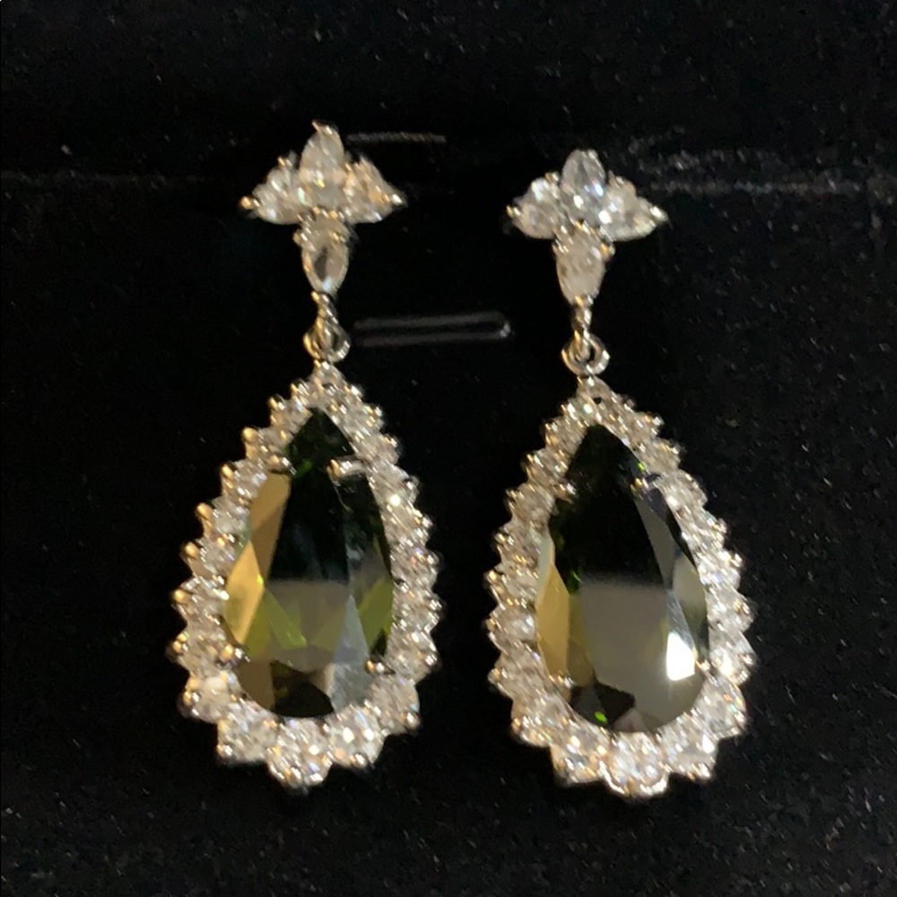 Statement earrings clear stones with green stone